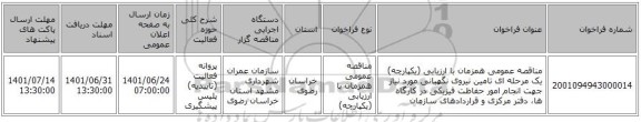 مناقصه، مناقصه عمومی همزمان با ارزیابی (یکپارچه) یک مرحله ای تامین نیروی نگهبانی مورد نیاز جهت انجام امور حفاظت فیزیکی در کارگاه ها، دفتر مرکزی و قراردادهای سازمان