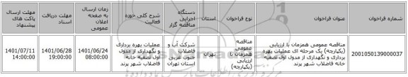 مناقصه، مناقصه عمومی همزمان با ارزیابی (یکپارچه) یک مرحله ای عملیات بهره برداری و نگهداری از مدول اول تصفیه خانه فاضلاب شهر پرند