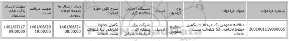 مناقصه، مناقصه عمومی یک مرحله ای تکمیل خطوط ارتباطی 63 کیلوولت پست خلخال
