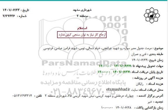 استعلام مرمت جدول معبر سواره رو...