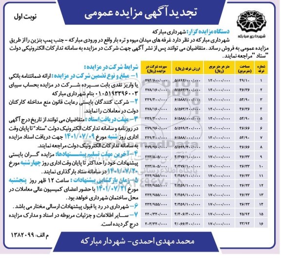 مزایده فروش غرفه های میدان میوه و تره بار - تجدید