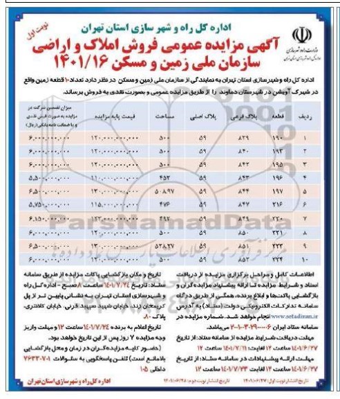 مزایده فروش املاک و اراضی