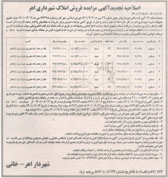 اصلاحیه تجدید مزایده فروش املاک با کاربری مسکونی