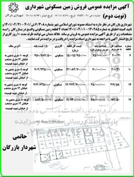 آگهی مزایده عمومی فروش زمین مسکونی شهرداری ...- نوبت دوم