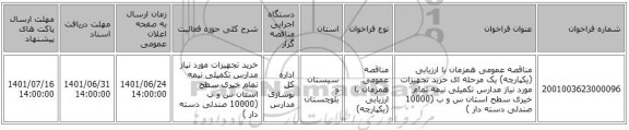 مناقصه، مناقصه عمومی همزمان با ارزیابی (یکپارچه) یک مرحله ای خرید تجهیزات مورد نیاز مدارس تکمیلی نیمه تمام خیری سطح استان س و ب (10000 صندلی دسته دار )