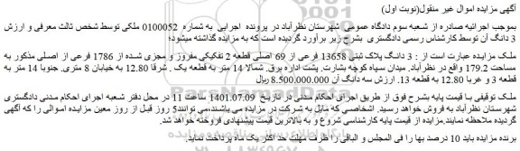 مزایده فروش 3 دانگ پلاک ثبتی 13658 فرعی از 69 اصلی قطعه 2 تفکیکی مفروز و مجزی شده از 1786 فرعی از اصلی
