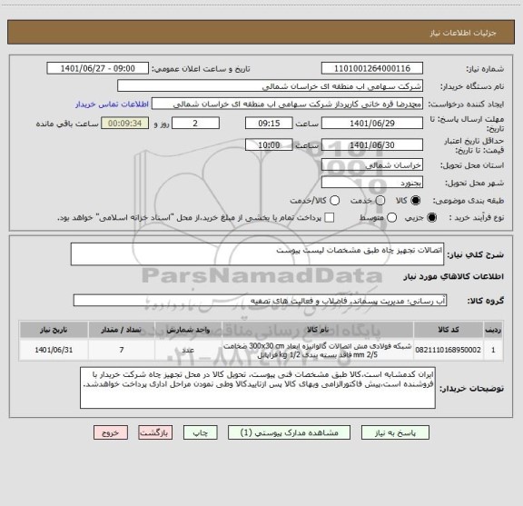استعلام اتصالات تجهیز چاه طبق مشخصات لیست پیوست