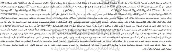 آگهی مزایده یک هزار و پانصد و هفتاد سهم مشاع از پنجاه هزار و دویست و دو سهم عرصه و اعیان ششدانگ یک باب/قطعه پلاک شماره 346 فرعی از 12 اصلی