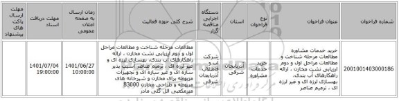 مناقصه، خرید خدمات مشاوره مطالعات مرحله شناخت و مطالعات مراحل اول و دوم ارزیابی نشت مخازن ، ارائه راهکارهای آب بندی، بهسازی لرزه ای و غیر لرزه ای ، ترمیم عناصر