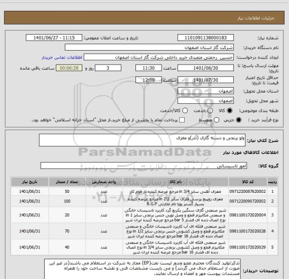 استعلام ولو برنجی و دسته گازی (آذر)و مغزی