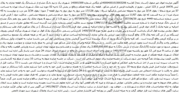 آگهی مزایده ششدانگ یک قطعه تجاری به پلاک ثبتی 16476 فرعی از 123 اصلی