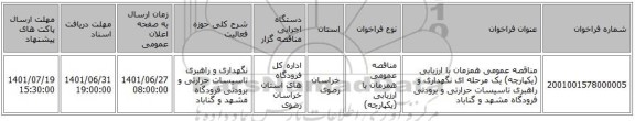 مناقصه، مناقصه عمومی همزمان با ارزیابی (یکپارچه) یک مرحله ای نگهداری و راهبری تاسیسات حرارتی و برودتی فرودگاه مشهد و گناباد