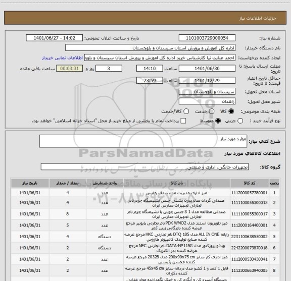 استعلام موارد مورد نیاز