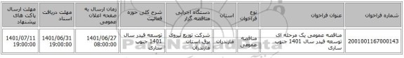 مناقصه، مناقصه عمومی یک مرحله ای توسعه فیدر سال 1401 	جنوب ساری