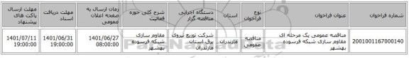 مناقصه، مناقصه عمومی یک مرحله ای مقاوم سازی شبکه فرسوده 	بهشهر