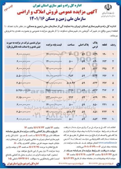 مزایده فروش املاک و اراضی - نوبت دوم