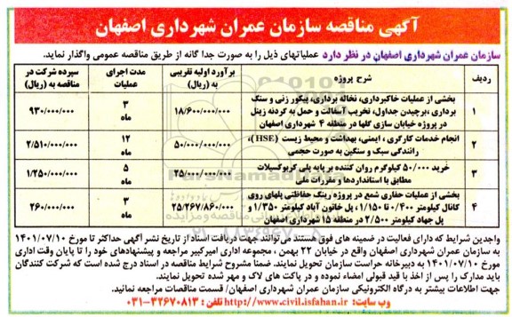 مناقصه بخشی از عملیات خاکبرداری، نخاله برداری، پیکور زنی و سنگ برداری ...