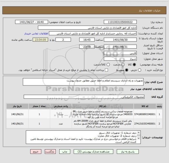 استعلام تجهیزات و راه اندازی سیستم اعلام و اطفا حریق مطابق جدول پیوست