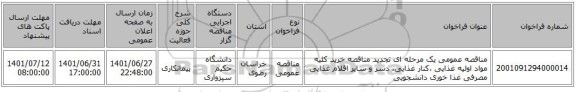 مناقصه، مناقصه عمومی یک مرحله ای تجدید مناقصه خرید کلیه مواد اولیه غذایی ،کنار غذایی، دسر و سایر اقلام غذایی مصرفی غذا خوری دانشجویی