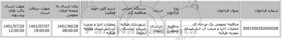 مناقصه، مناقصه عمومی یک مرحله ای عملیات احیا و مرمت آب انبار میدان محمدیه طرقبه