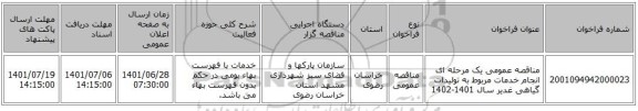 مناقصه، مناقصه عمومی یک مرحله ای انجام خدمات مربوط به تولیدات گیاهی غدیر سال 1401-1402