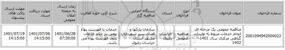 مناقصه، مناقصه عمومی یک مرحله ای انجام خدمات مربوط به تولیدات گیاهی مرکزی سال 1401-1402