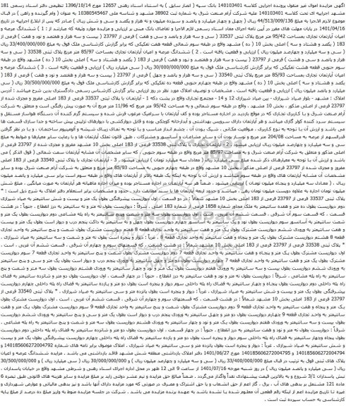 آگهی مزایده ششدانگ عرصه و اعیان آپارتمان تجاری بمساحت 95/42 متر مربع پلاک ثبتی 33537