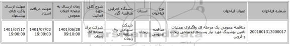 مناقصه، مناقصه عمومی یک مرحله ای واگذاری عملیات تامین بوشینگ مورد نیاز پست‌های نواحی زنجان و قزوین