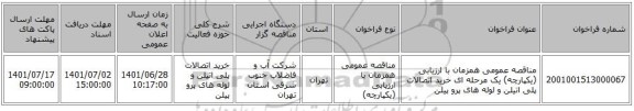 مناقصه، مناقصه عمومی همزمان با ارزیابی (یکپارچه) یک مرحله ای خرید اتصالات پلی اتیلن و لوله های پرو پیلن