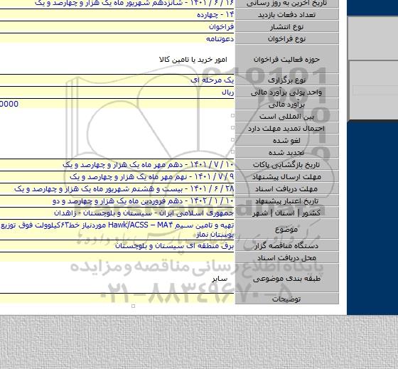 مناقصه, تهیه و تامین سیم Hawk/ACSS – MA۴ موردنیاز خط۶۳کیلوولت  فوق توزیع سردرگان – بوستان نماز