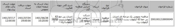 مناقصه، مناقصه عمومی یک مرحله ای احداث بی خط 63 کیلوولت پست 20/63 کیلوولت رزن