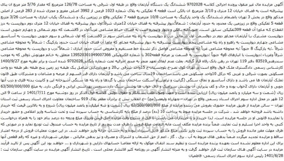 مزایده ششدانگ یک دستگاه آپارتمان