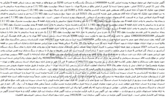 آگهی مزایده ششدانگ یکدستگاه به مساحت 52/95 متر مربع
