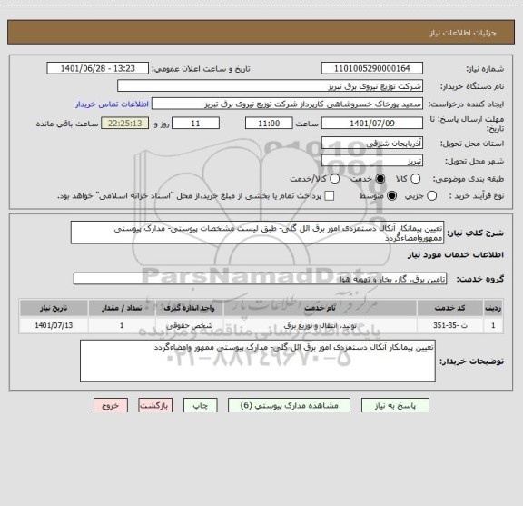استعلام تعیین پیمانکار آنکال دستمزدی امور برق ائل گلی- طبق لیست مشخصات پیوستی- مدارک پیوستی ممهوروامضاءگردد