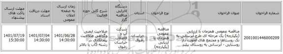 مناقصه، مناقصه عمومی همزمان با ارزیابی (یکپارچه) یک مرحله ای طرح آبرسانی به تک روستاها و مجتمع های اولویت دار روستایی - آبرسانی به روستای بیلند