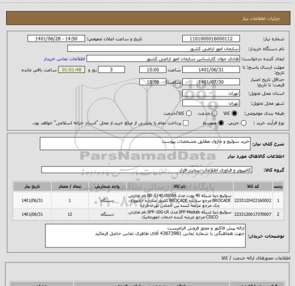 استعلام خرید سوئیچ و ماژول مطابق مشخصات پیوست