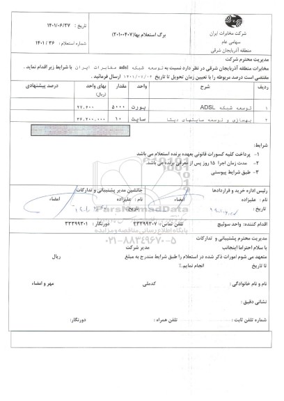 استعلام توسعه شبکه ADSL ..