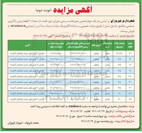 مزایده فروش تعداد 9 قطعه زمین با کاربری صنعتی   نوبت دوم