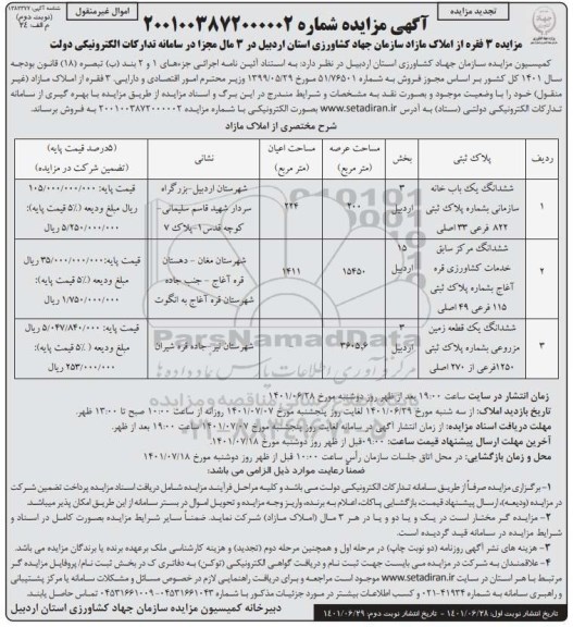 تجدیدمزایده فروش 3 فقره از املاک مازاد - نوبت دوم