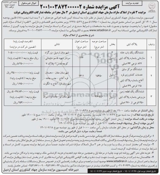 تجدیدمزایده فروش 3 فقره از املاک مازاد - نوبت دوم