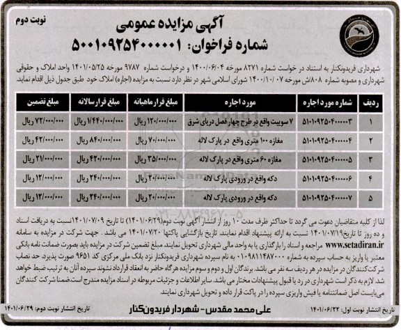 مزایده اجاره املاک نوبت دوم