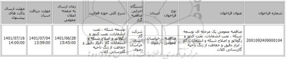 مناقصه، مناقصه عمومی یک مرحله ای توسعه شبکه ، نصب انشعابات، نصب کنتور و رگولاتور و اصلاح شبکه و انشعابات گاز ، ابزار دقیق و حفاظت از زنگ ناحیه گازرسانی کلات