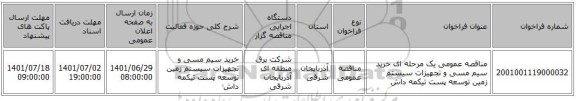 مناقصه، مناقصه عمومی یک مرحله ای خرید سیم مسی و تجهیزات سیستم زمین توسعه پست تیکمه داش