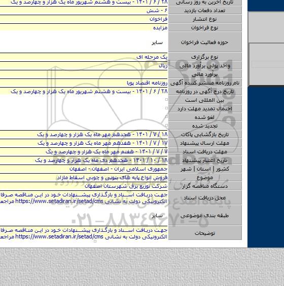 مزایده, فروش انواع پایه های بتونی و چوبی اسقاط مازاد