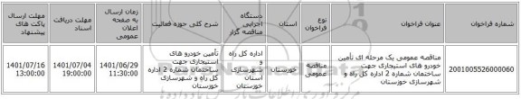 مناقصه، مناقصه عمومی یک مرحله ای تأمین خودرو های استیجاری جهت ساختمان شماره 2 اداره کل راه و شهرسازی خوزستان