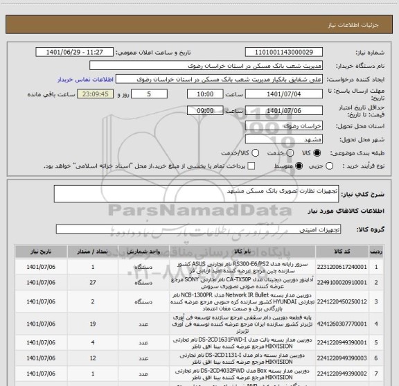 استعلام تجهیزات نظارت تصویری بانک مسکن مشهد