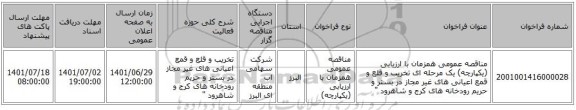 مناقصه، مناقصه عمومی همزمان با ارزیابی (یکپارچه) یک مرحله ای تخریب و قلع و قمع اعیانی های غیر مجاز در بستر و حریم رودخانه های کرج و شاهرود 