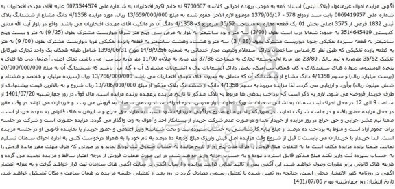 آگهی مزایده 4/1358 دانگ مشاع از ششدانگ پلاک ثبتی 1832 فرعی از 3575 اصلی