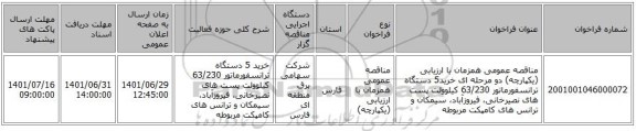مناقصه، مناقصه عمومی همزمان با ارزیابی (یکپارچه) دو مرحله ای خرید5 دستگاه ترانسفورماتور 63/230 کیلوولت پست های نصیرخانی، فیروزآباد، سیمکان و ترانس های کامپکت مربوطه