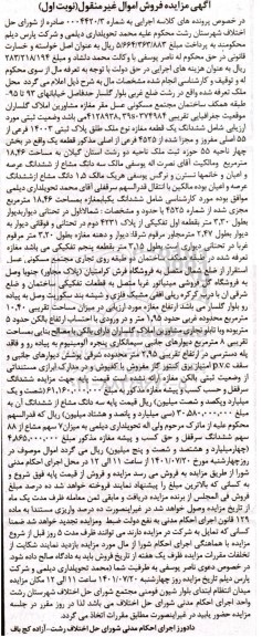 مزایده فروش ششدانگ یک باب مغازه به مساحت 18/46 متر مربع